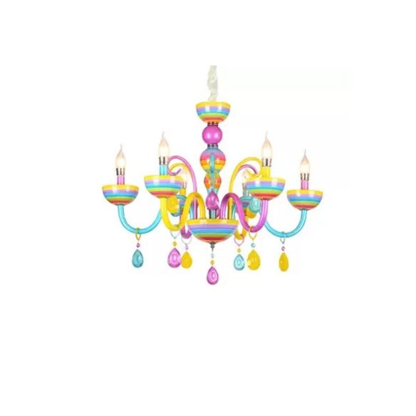 Glass Candle Pendant Light with Crystal Pretty Multi-Colored Chandelier for Kindergarten