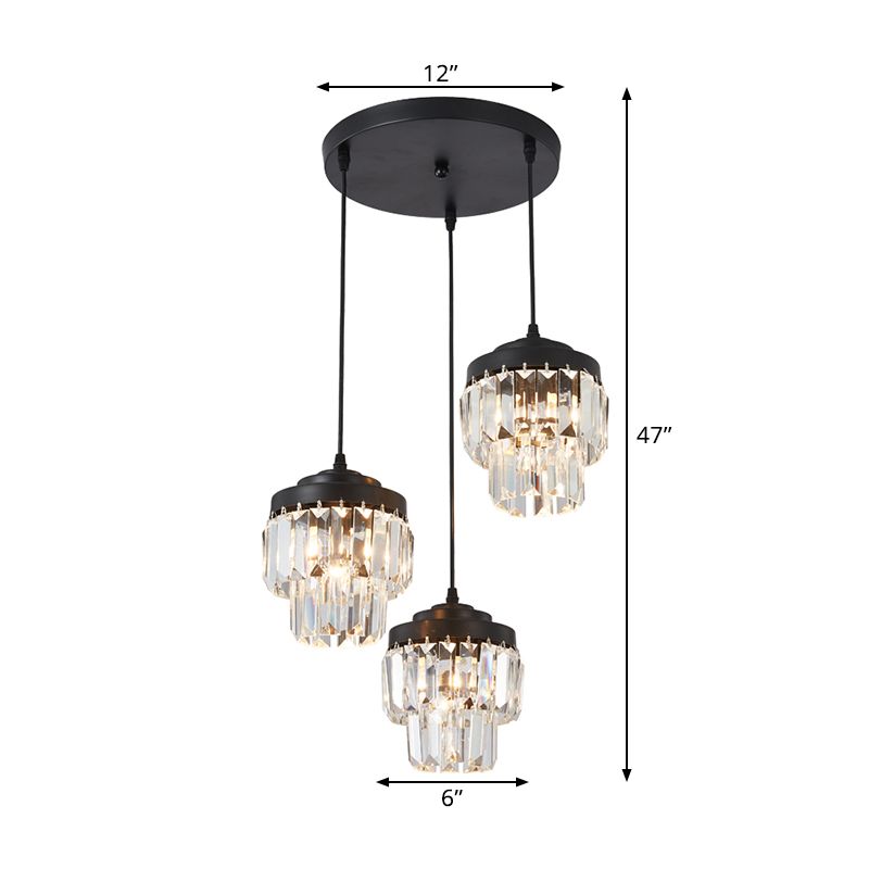 3 Heads 2-Tier Cluster Pendant Modern Black Clear Crystal Prism Hanging Lamp with Round/Linear Canopy