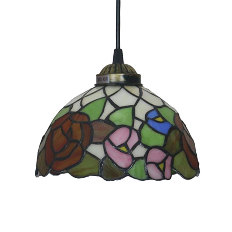 Victorian Floral Ceiling Pendant 1 Light Beige/Red/Pink Cut Glass Hanging Light Fixtures for Dining Room