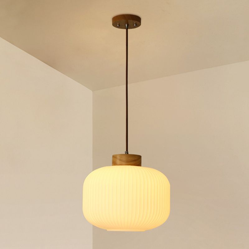 White Wooden Pendant Light in Modern Concise Style Glass Drum Hanging Light for Dining Room