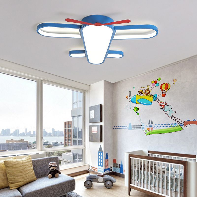 Blue Aircraft LED Flush Mount Lighting Cartoon Metal Flushmount Ceiling Lamp for Bedroom