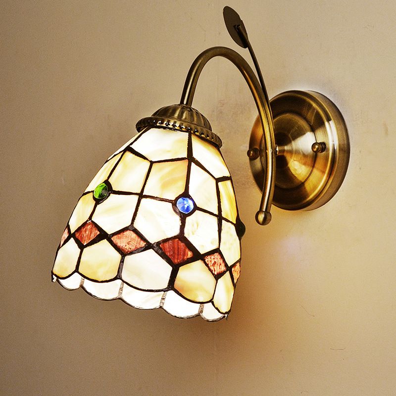 Baroque Grid Dome Wall Lighting Ideas 1 Light Shell Wall Mounted Lamp in Gold with Arched Arm
