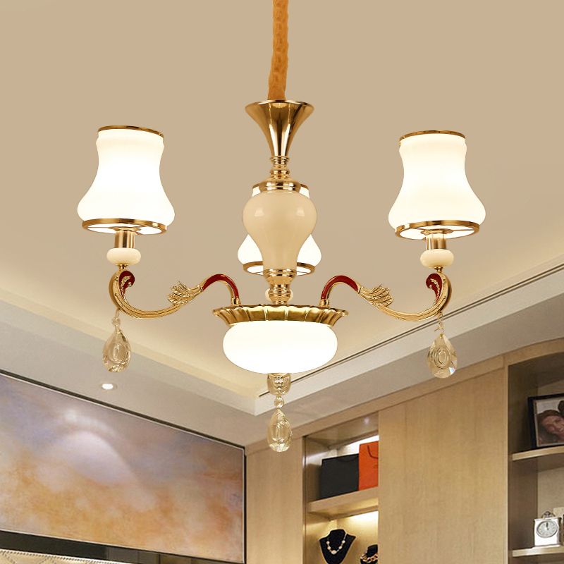 Cono curvo in vetro opale Lumo Light Contemporary 3/6 Bulbs Gold Dropserve Gold con cristallo Drop Deco