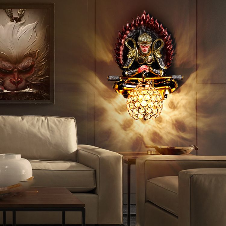 Resin Monkey King Wall Sconce Decorative 1-Light Wall Lamp with Crystal Shade