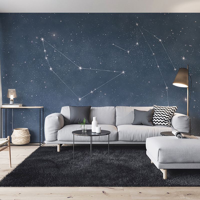 Contemporary Horoscope Mural Wallpaper in Dark Blue Living Room Wall Decor, Made to Measure