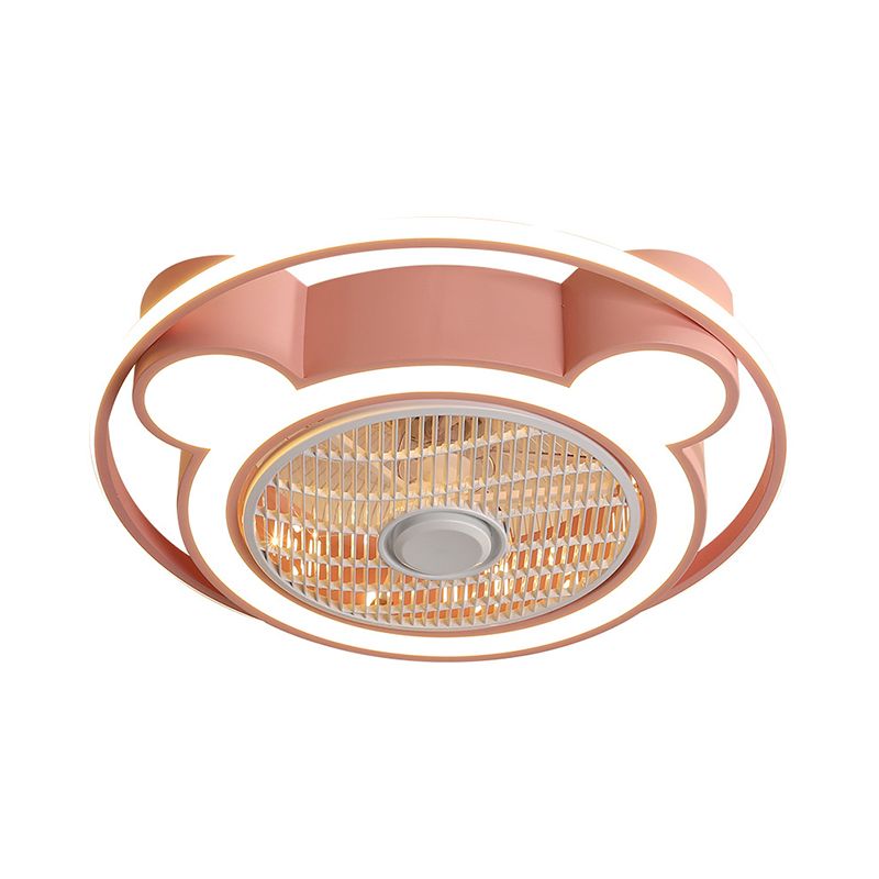 Modernism Bear Head Pendant Fan Lamp 21.5" Wide LED Acrylic Semi Flush Mounted Light in Pink/Blue with Ring