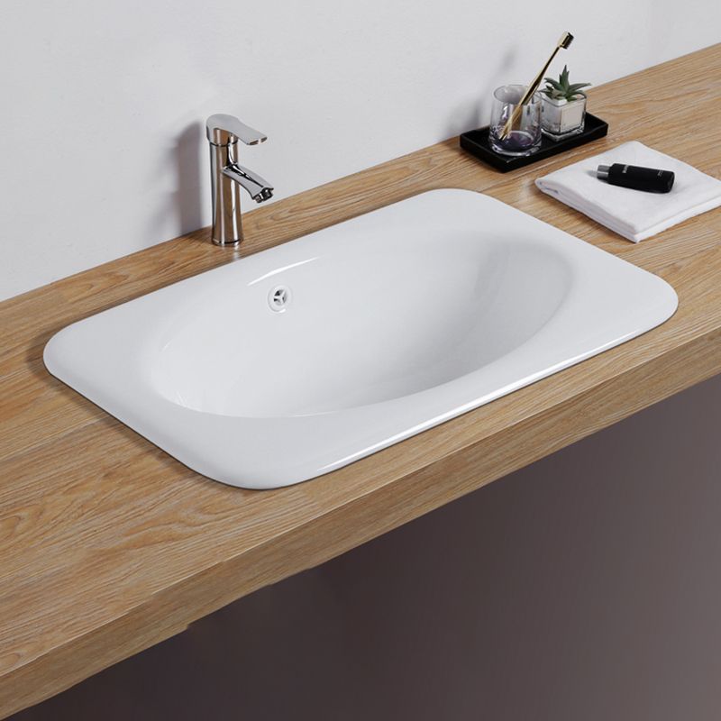 White Rectangular Bathroom Sink with Overflow Porcelain Drop-in Sink
