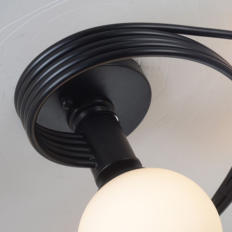Black Radial Semi Flush Mount in Traditional Retro Style Wrought Iron Ceiling Light with Glass Shade