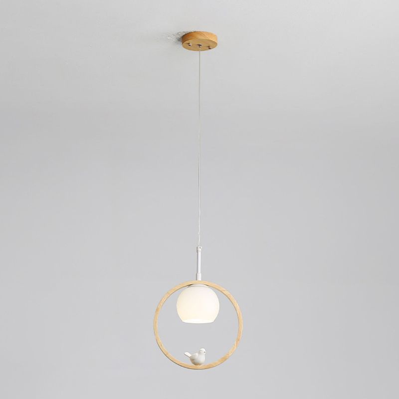 Dome Shade White Glass Pendant Nordic Style Wood Suspension Light with Ring and Bird
