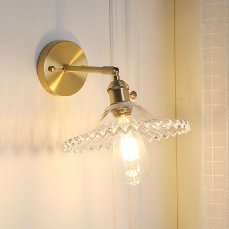 1 Light Clear Glass Wall Sconce Light Industrial Brass Scalloped Living Room Lighting Fixture