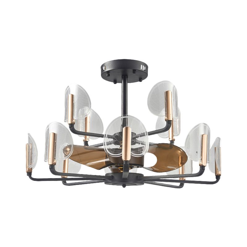Acryl Cattail Leaf Vorm ventilator Licht Modern 31,5 "Breedte 12 Kops Zwart Radiale semi -spoelige gemonteerde lamp met 3 bruine messen
