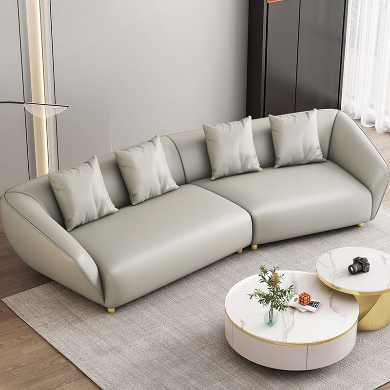 Glam Sloped Arm Sofa with Pillows Genuine Leather Sofa in Gray