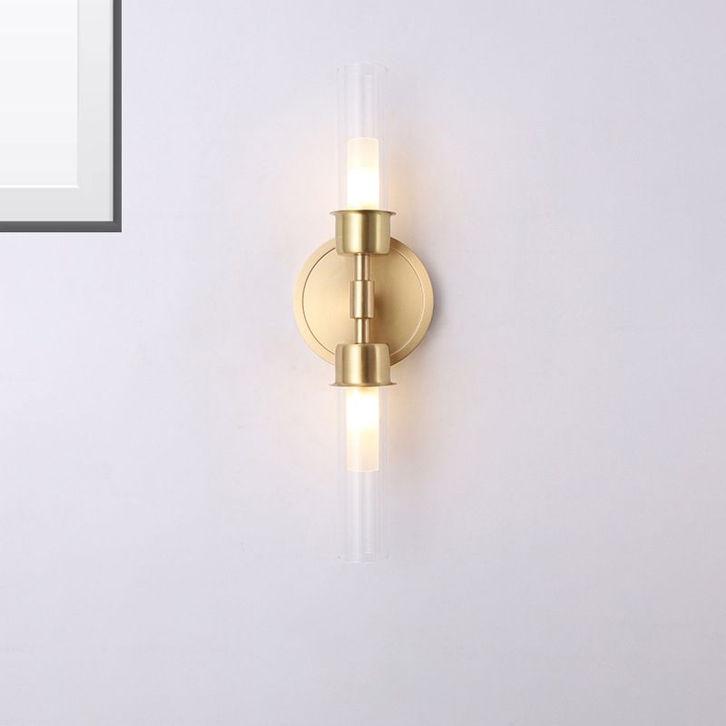 Modern Double Cylinder Wall Mount Light Clear Glass 2 Lights Brass Finish Wall Sconce