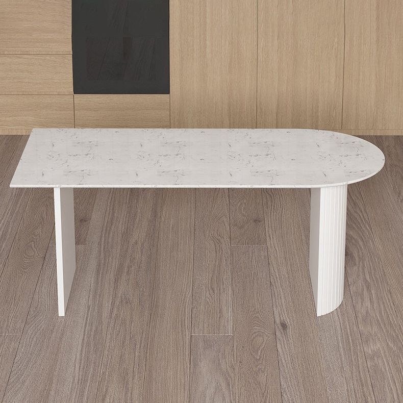 Free Form Sintered Stone Dining Table Modern White Furniture with Wood Double Pedestal