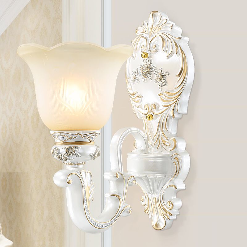 1/2-Bulb Scalloped-Trim Bell Wall Light Traditional White-Gold Frosted Glass Wall Mount Lighting