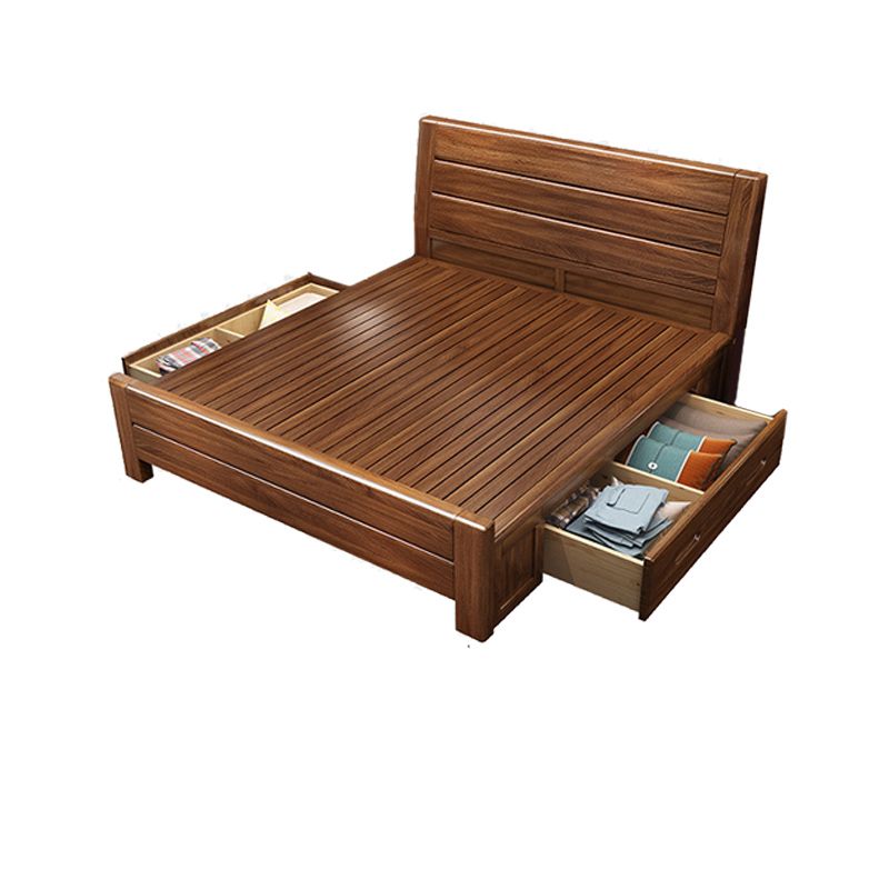 Walnut Solid Color Panel Bed Mid-Century Modern Standard Bed with Headboard