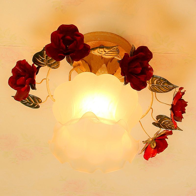 Korean Garden Ruffle Semi Flush Mounted Lamp 1-Light Frost White Glass Ceiling Light with Red Rose Deco