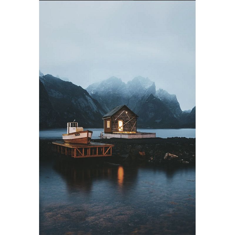 Tranquil Nightfall Scenery Mural for Bedroom Riverside Fishers Cabin by the Mountain Wall Decor, Made to Measure