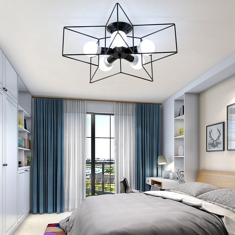 Industrial Star Flush Light Fixture Metal 5 Light Flush Mount Lighting in Black