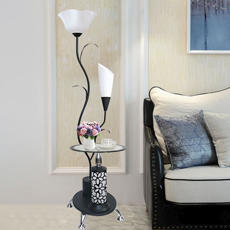 Branch-Like Arm Metallic Floor Lamp Rustic Style 2-Head Guest Room Standing Light in Black/White