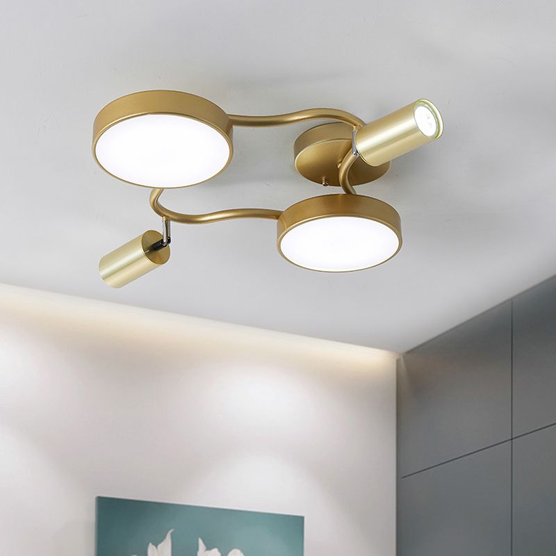 Metal Circular Semi Flush Mount Modern 4 Bulbs Gold Close to Ceiling Lighting for Bedroom