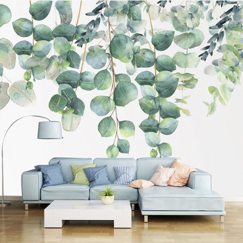 Watercolor Leaf Wall Decal Mural Modern Non-Woven Material Wall Art in Green-White