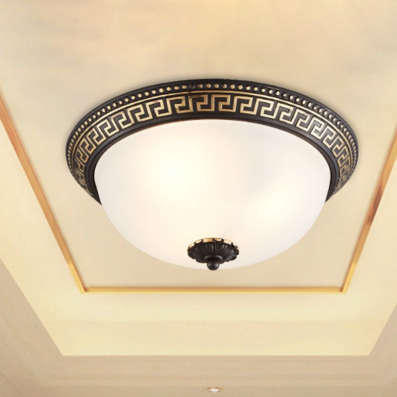 Dome Opaline Glass Ceiling Lighting Retro 2/3-Bulb Bedroom Flush Mount Light Fixture with Swastika Pattern in Black-Gold
