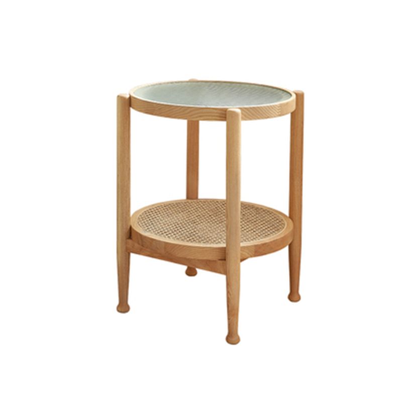 Modern Wood 4 Legs 1 Coffee Table with Shelf Round Glass Table