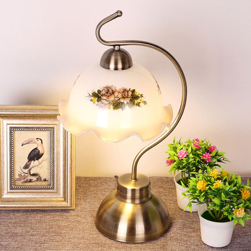 Single Bulb Night Stand Light Pastoral Ruffle Edged Hemisphere White Glass Table Lamp with Brass Bow Arm