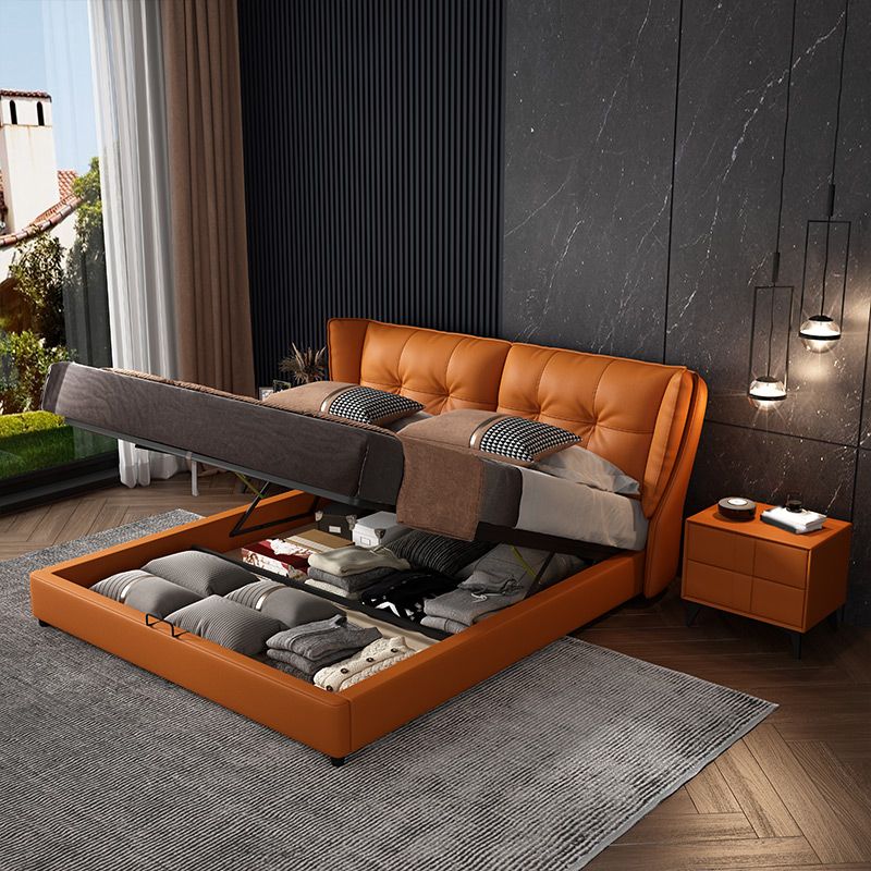 Modern Standard Bed Orange Panel Bed with Upholstered Headboard