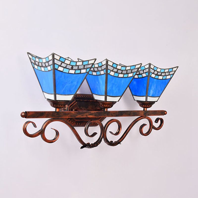 Nautical Vanity Light with Pyramid Shade Stained Glass 3 Heads Wall Sconce Lighting