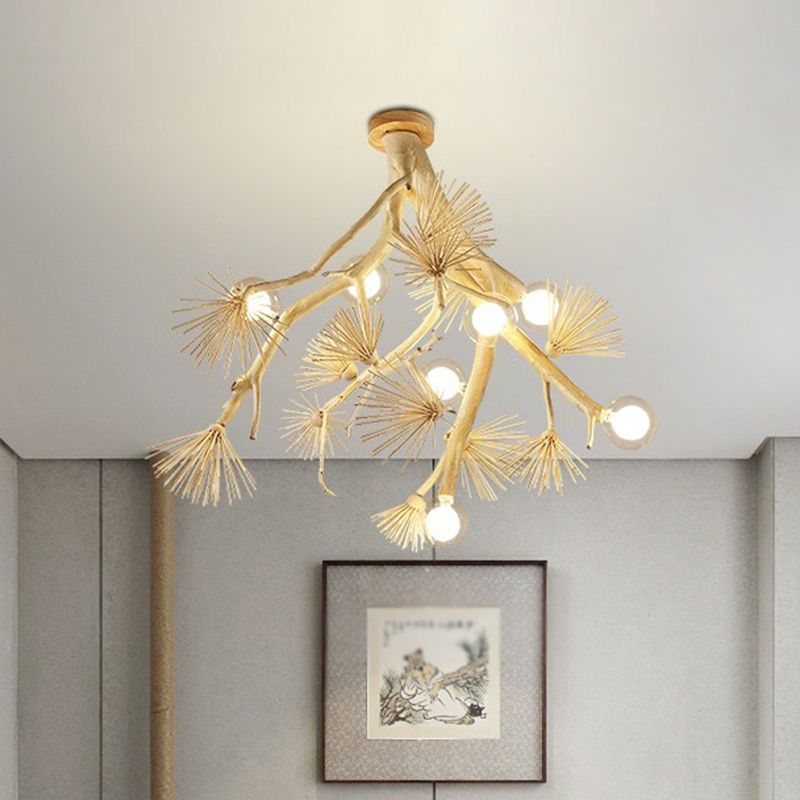 Wood Tree Branch Ceiling Light Japanese Style 8-Bulb Metal Semi Flush Mount Light for Dining Room