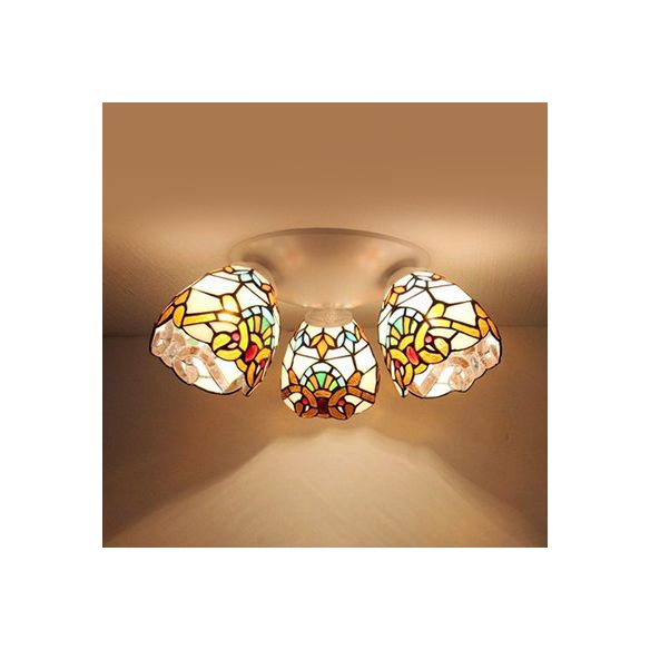 3 Heads Dome Flush Mount Ceiling Light Tiffany Stained Glass Flushmount Light in Beige/Orange for Bedroom