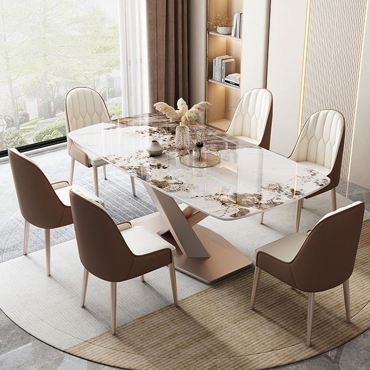 Rectangular Luxury White Stone Top Dining Table with Metal Pedestal