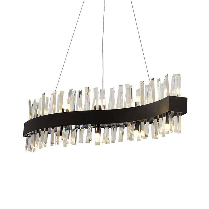 Traditional Wave Chandelier Lighting Fixture Crystal Block LED Pendant Ceiling Light in Black