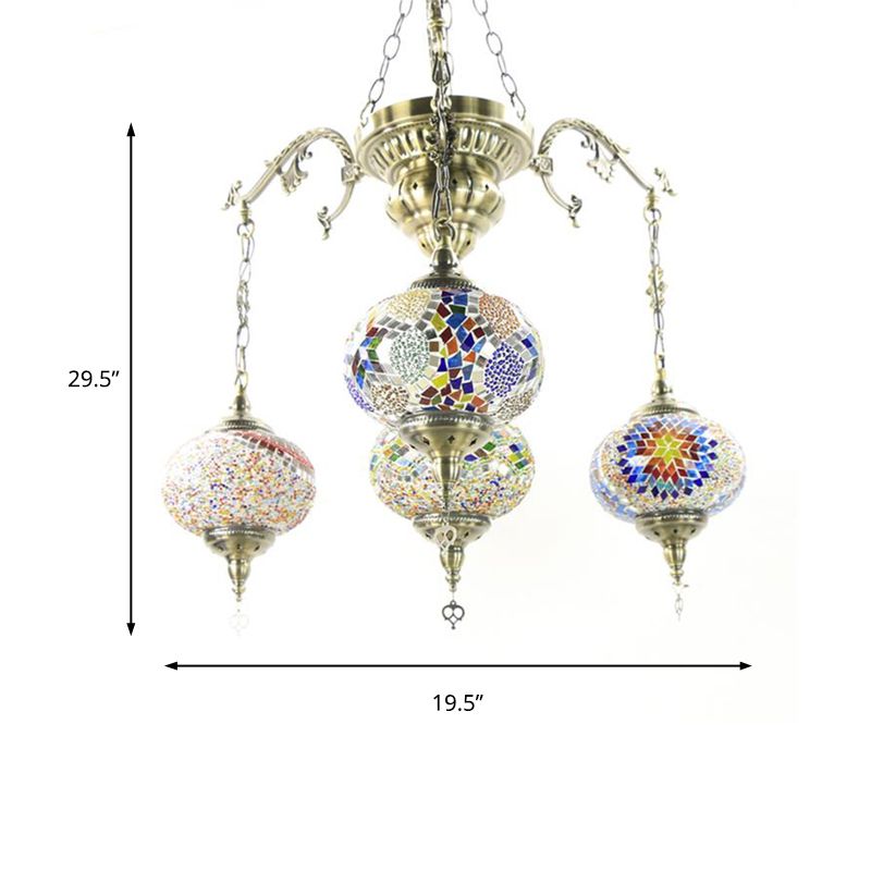 Traditional Lantern Hanging Chandelier Colorful Glass 4 Bulbs Suspension Light in Brass for Living Room