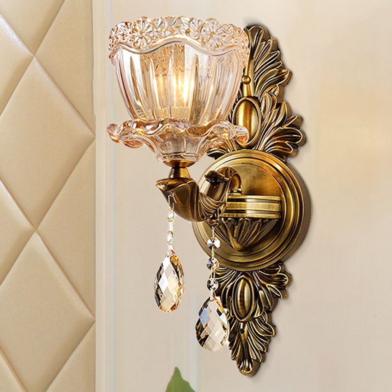 Modern Floral Shape Sconce Light Amber Glass 1/2 Heads Living Room Wall Mount Light with Teardrop Crystal Drop in Brass