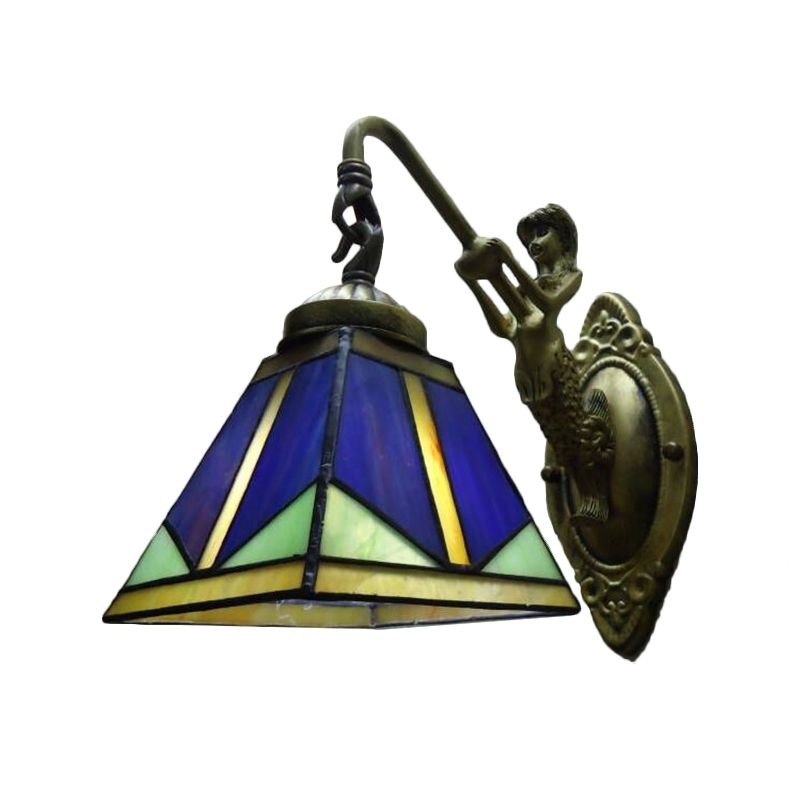 Trapezoid Wall Mount Light Fixture Tiffany Bronze Cut Glass Wall Lighting with Mermaid Arm