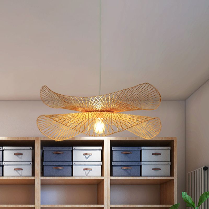 Chinese Hand-Worked Pendant Light Bamboo 1 Bulb Suspended Lighting Fixture in Beige