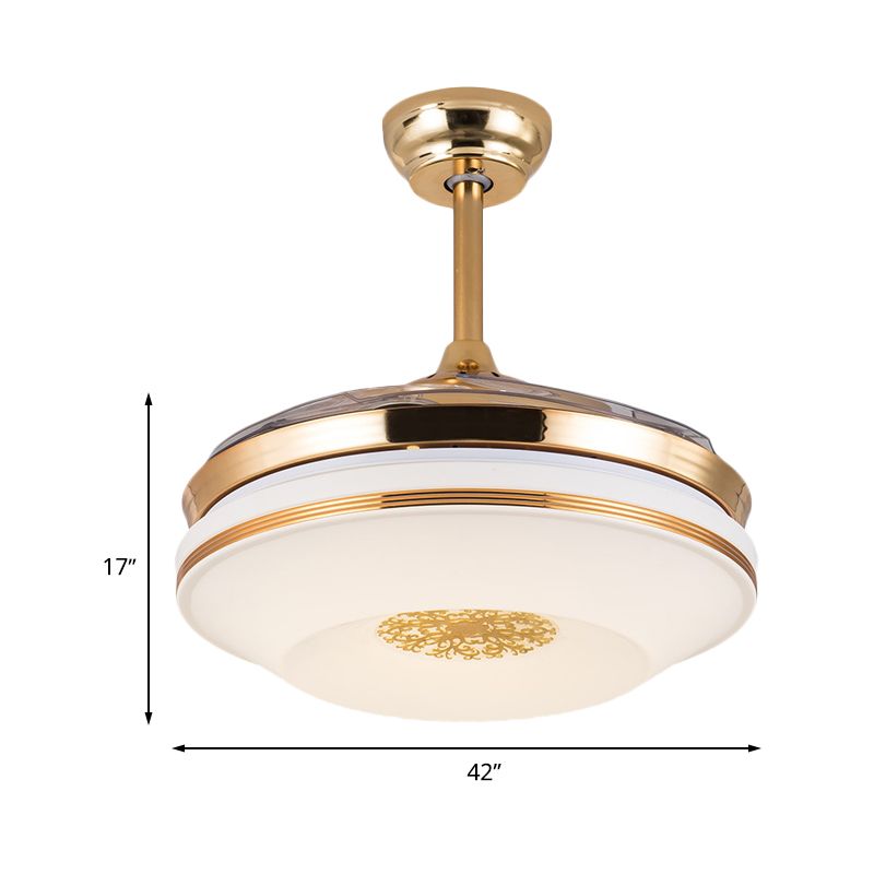 42 "W gouden ring plafond ventilatorlamp Minimalistisch acryl LED LED RAME SEMI SEMI VOILIG Licht met 4 heldere messen, externe/wandregeling/frequentieconversie en afstandsbediening