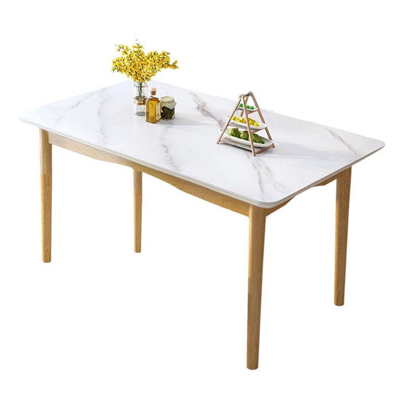 Modern White Rectangle Stone Dining Table with 4 Solid Wood Foot