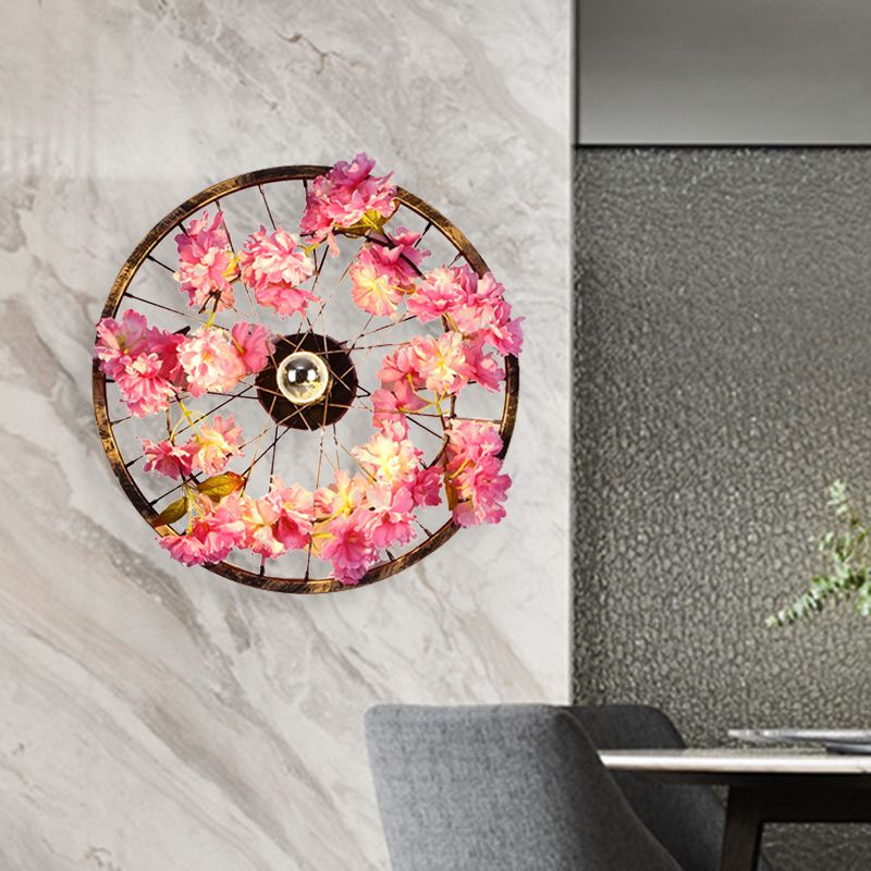 Antique Wheel Wall Mount Lighting LED Metal Cherry Blossom Wall Sconce Light in Brass, 12.5"/16.5"/20.5" Dia