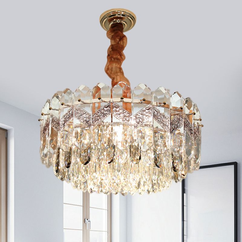 9 bollen helder kristal draperend plafond kroonluchter moderne champagne/rook grijze afwerking drum slaapkamer hanger lamp