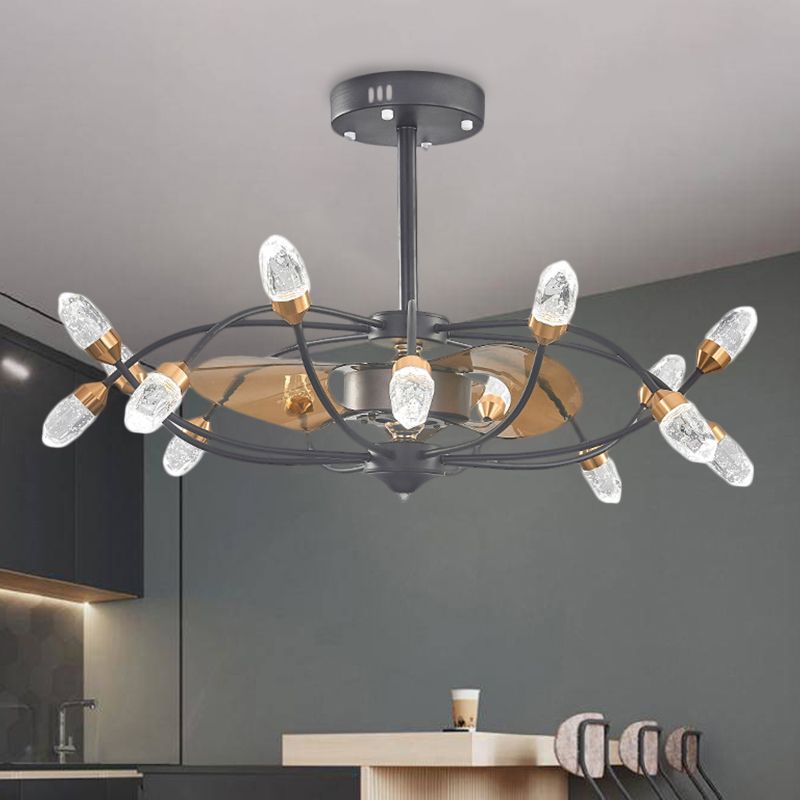Black 15 têtes Semi Flush Traditional Bubble Crystal Shade Bent Arm Arm Pendante Fans Fan Lampe avec 3 lames, 35,5 "de largeur