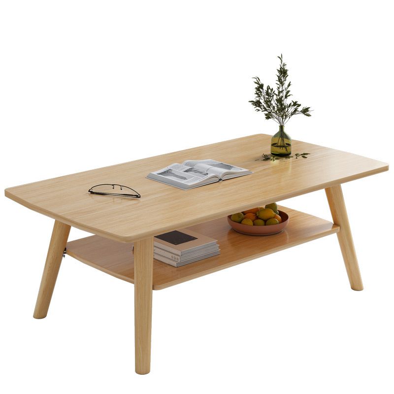 Contemporary Rectangle Wooden Coffee Table with Shelf and 4 Solid Wood Legs