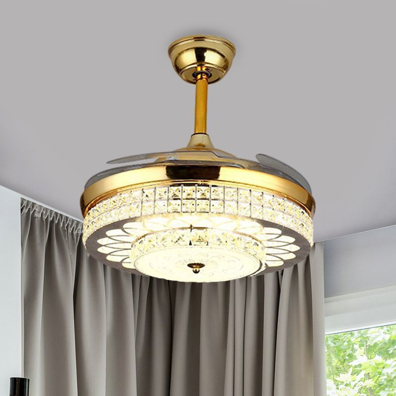 Finition or 42 "de large LED Semi Flush Contemporain Clear Crystal Blocks Drum Plafond Ventilateur de ventilateur avec 3 lames
