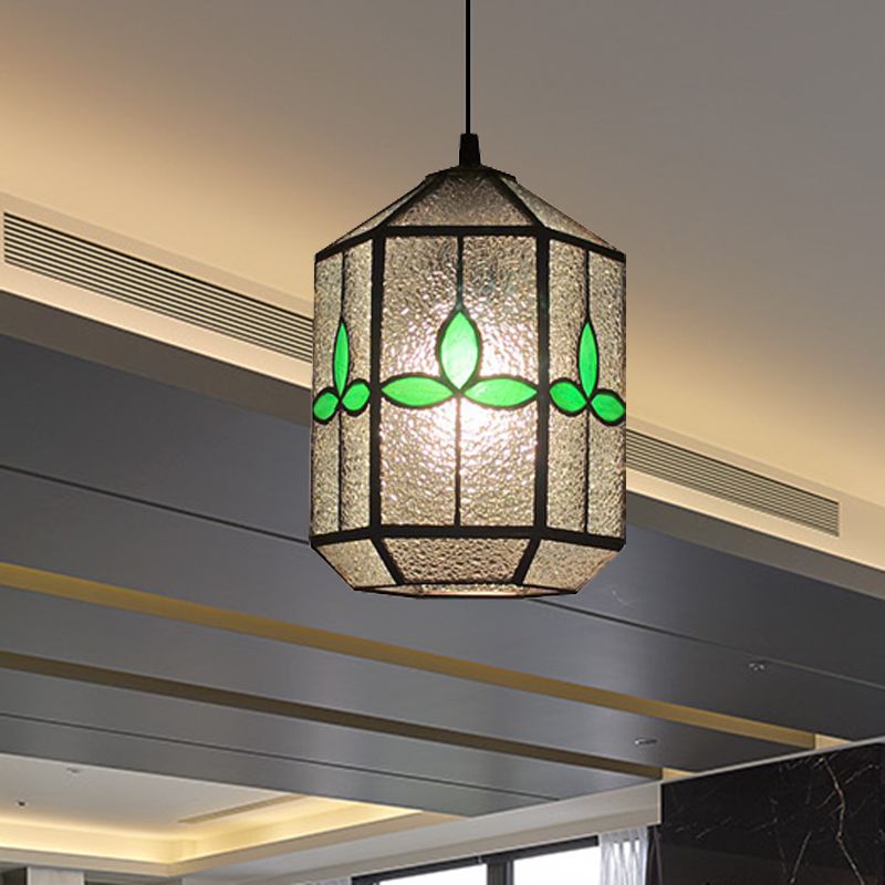 Cylinder Stainless Glass Hanging Light Tiffany Style 1 Light Red/Green Down Lighting with Rhombus/Leaf Pattern