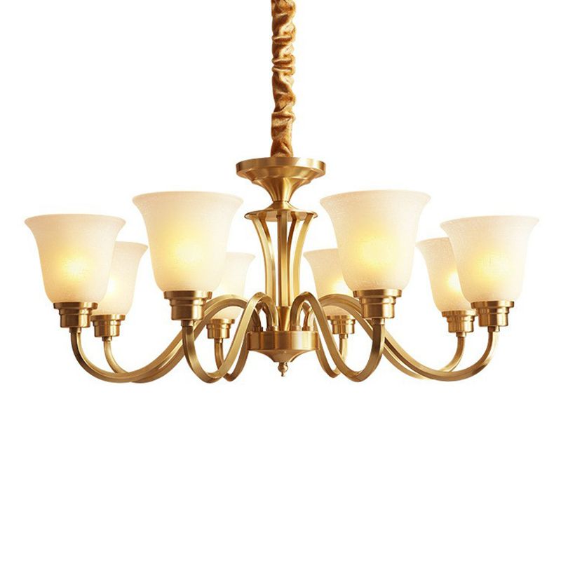 Traditional Flared Up Chandelier Semi-Opaque Glass Pendant Light Fixture in Brass