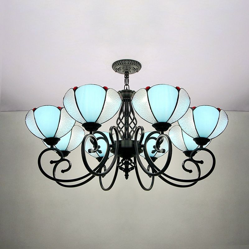 Rustic Petal Shape Chandelier Light Blue and Clear Glass Shade 8 Lights Pendant Light for Hallway