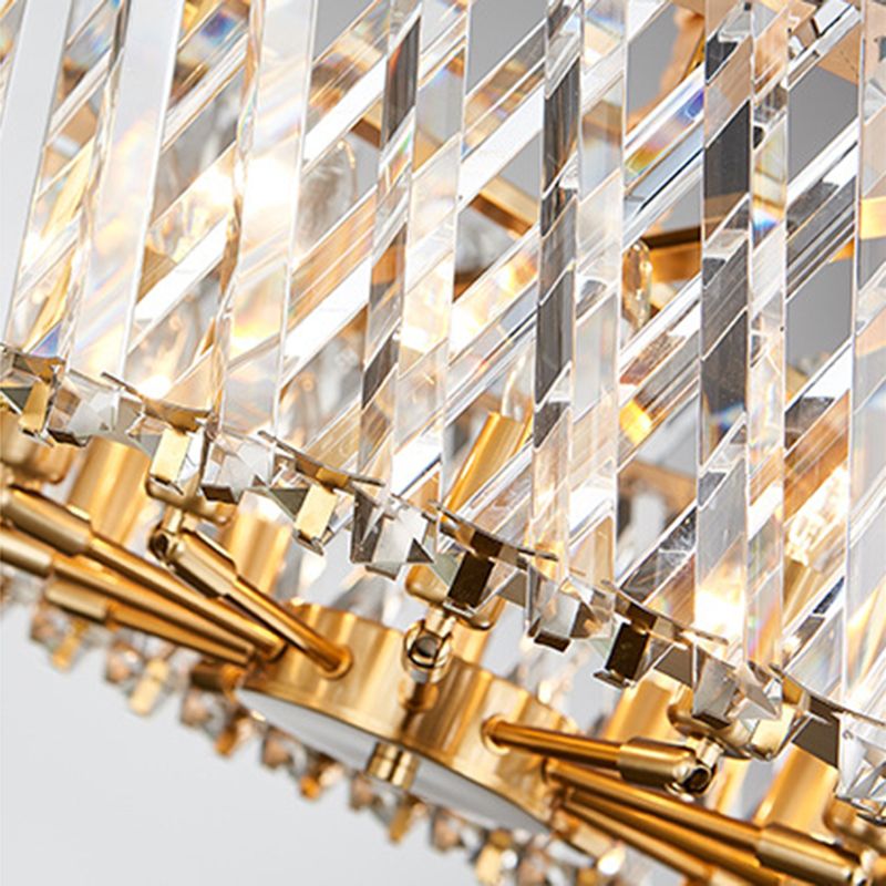 Tri-Sided Crystal Rod Drum Ceiling Light Contemporary 10 Heads Chandelier Light Fixture
